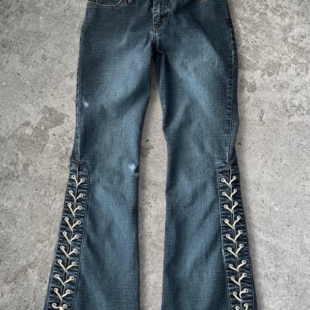 Mudd Jeans Vintage Y2K Flare Side Lace Up Denim Medium Wash Blue Women's Size 11